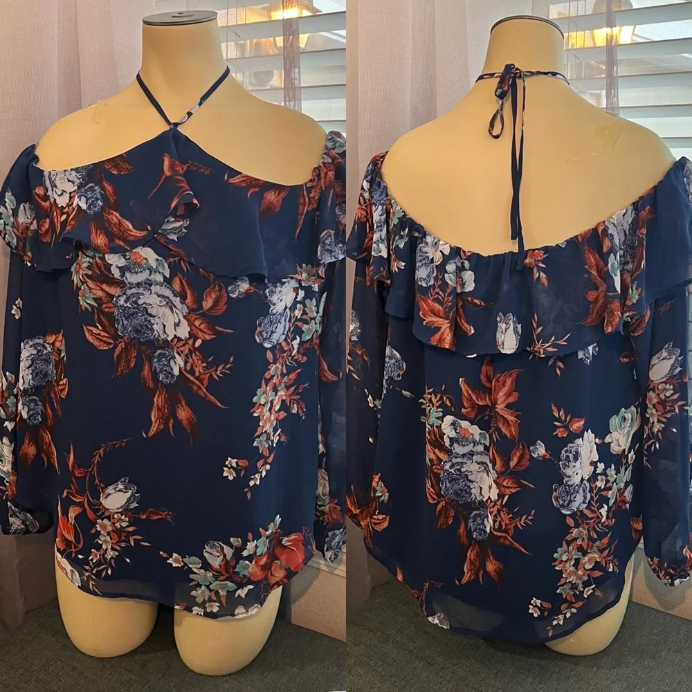 3/$18 PROMO - Flowy Off Shoulder Blouse with Tie Neck from Belle Sky - Size L - Picture 1 of 6